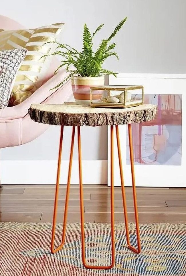 Bark-Edge Tables Orange Metal Legs