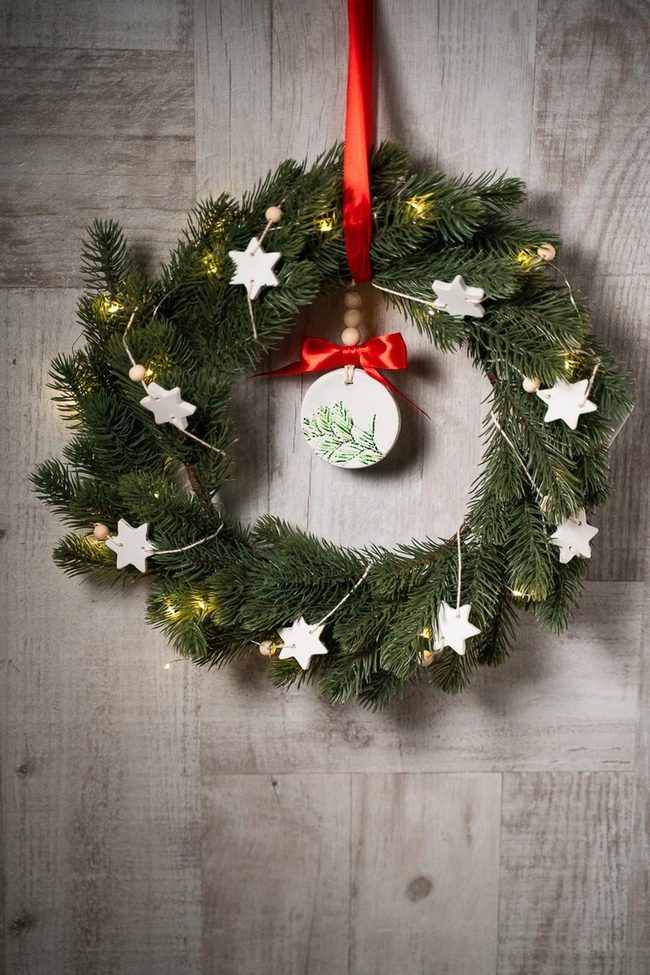 Green Pine Wreath Red Ribbon