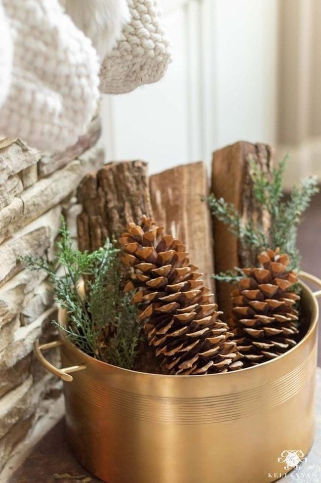 Golden Pinecones With Stone And Bark