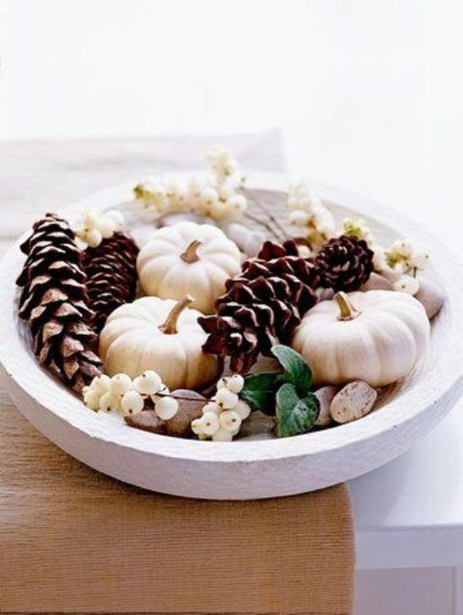 White Ceramic Bowls, Autumn Pinecones