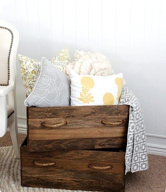 Stacked Wooden Crates Yellow Pillows