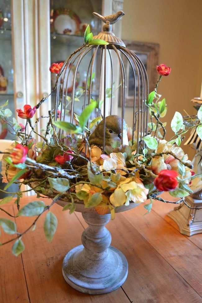 Vintage Birdcage With Silk Flowers