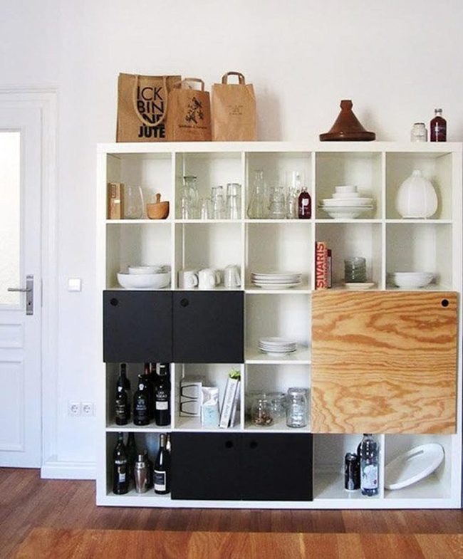 Black Cabinets, Natural Wood Storage