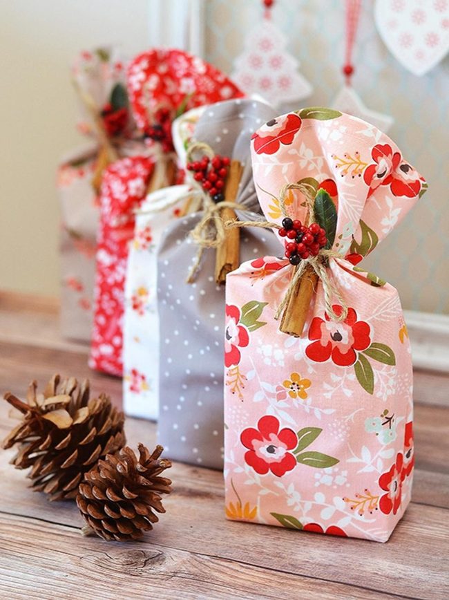 Floral Fabric Gift Bags, Natural Twine Details