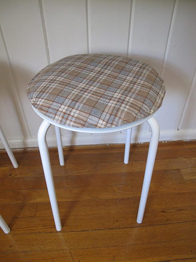 Plaid Round Stool, Natural Wood