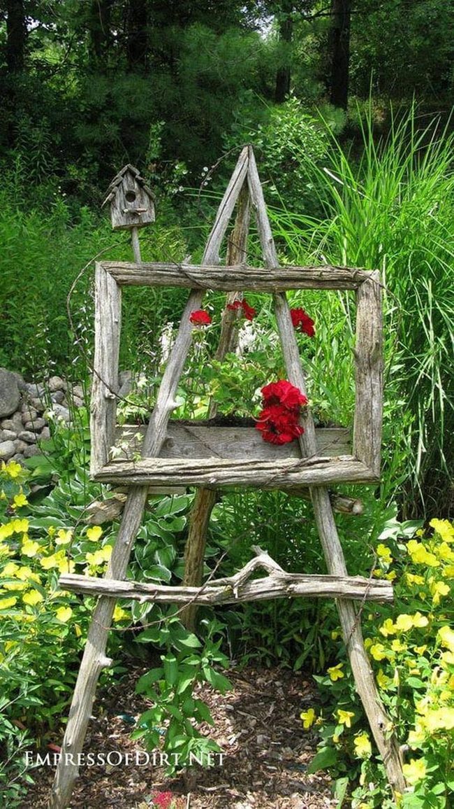 Weathered Easel, Red Flowers