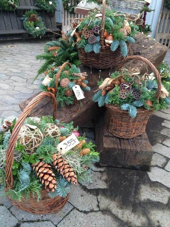 Overflowing Pinecone Baskets Entrance