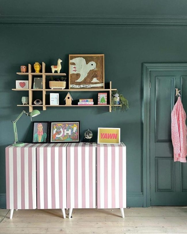 Pink Striped Cabinet With Floating Shelves