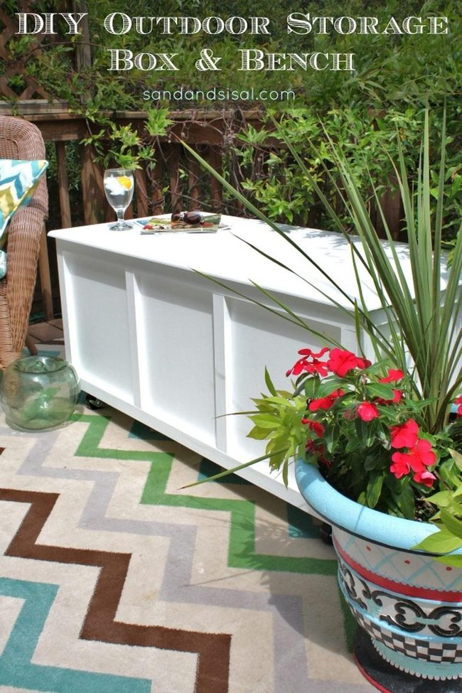 White Bench, Red Blooms, Geometric Rug