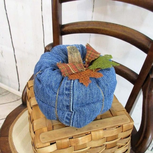 Denim Pumpkins With Plaid Ribbons