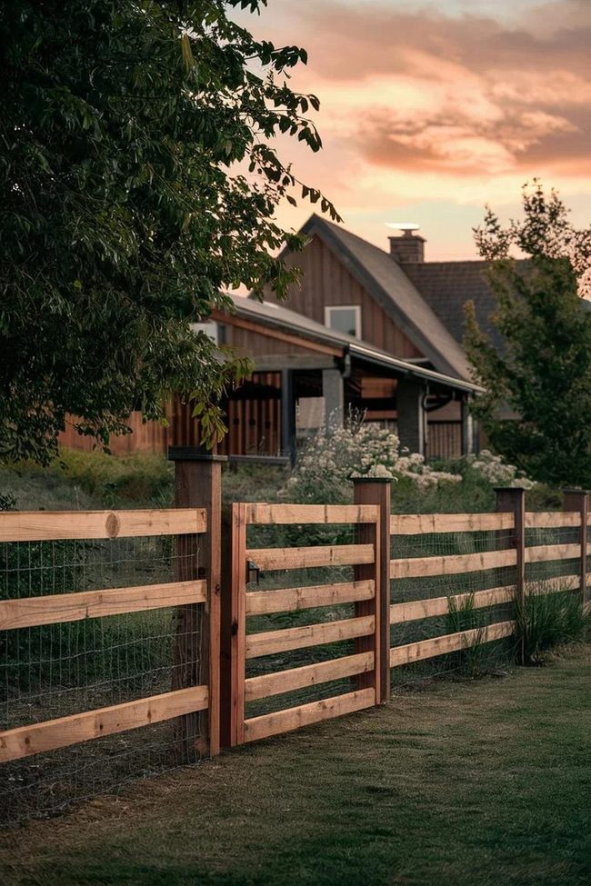 Redwood And Wire Mesh Fencing