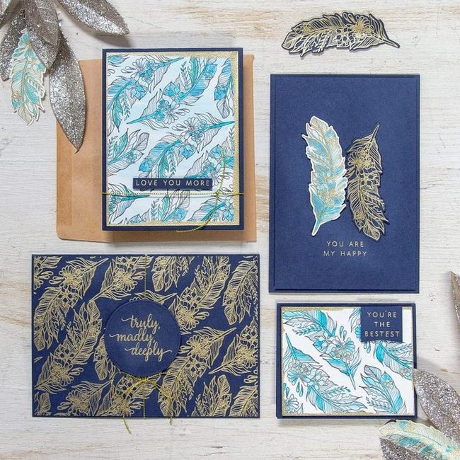 Navy Teal Cards With Gold Feathers
