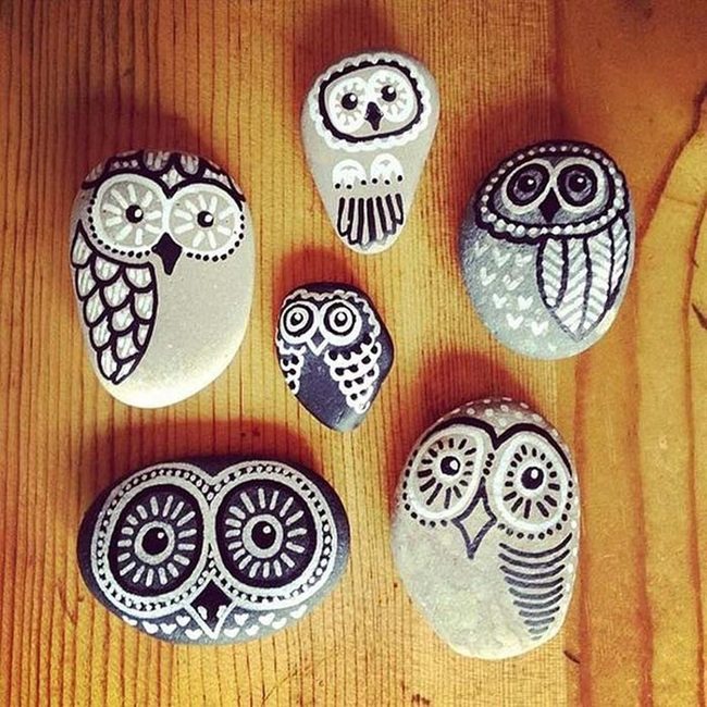 Painted Owl Stones Earth Tones