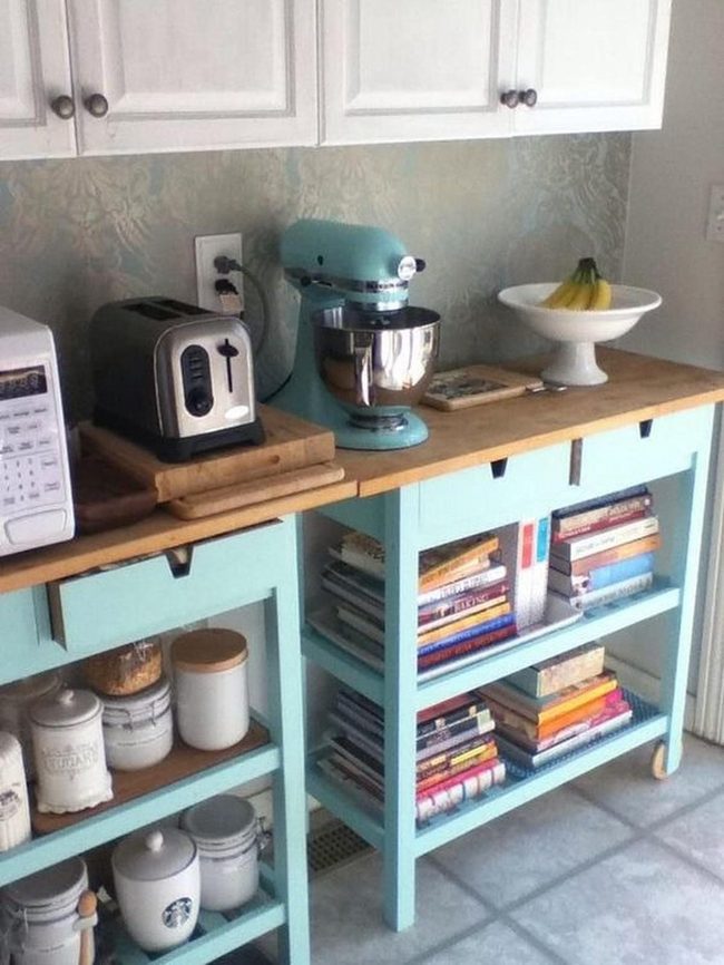 Blue Kitchen Shelves With Wood