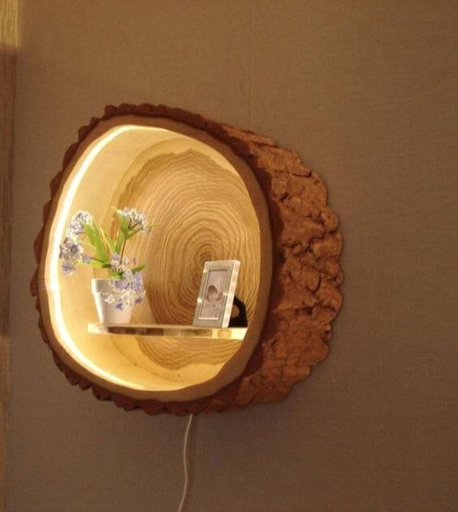 Natural Wood Slice Shelving With Warm Glow
