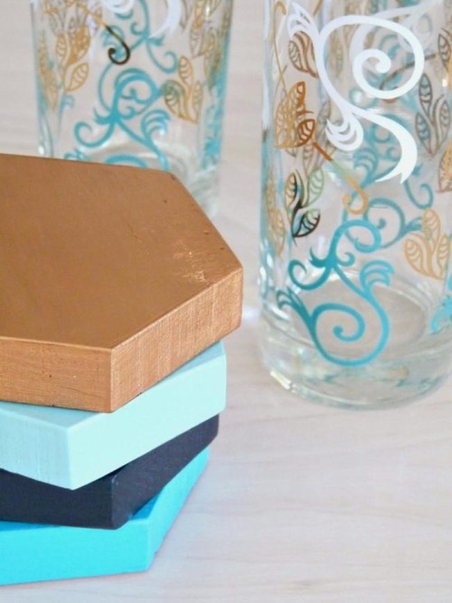 Wooden Hexagons In Golden Turquoise
