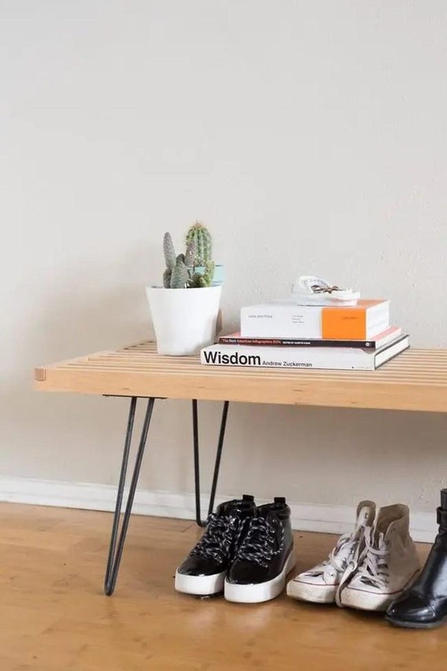 Wooden Bench, White Walls, Green Cacti