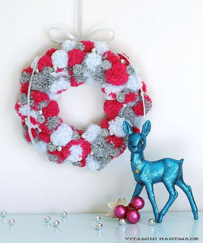 Fuzzy Red And White Pom-Pom Wreath