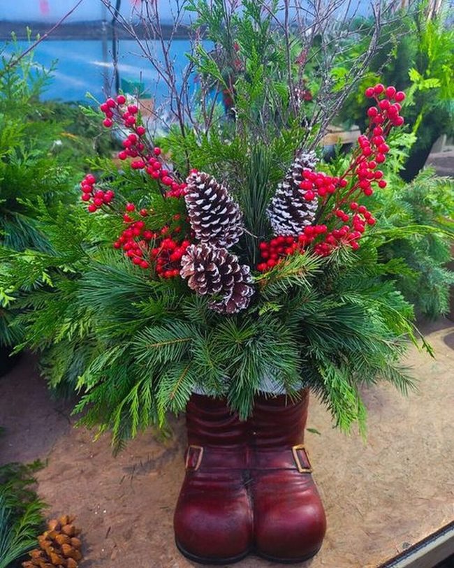 Red Leather Santa Boot Planter