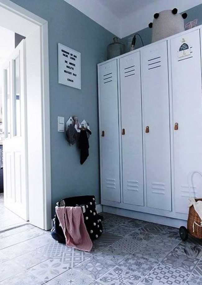Blue Walls, Geometric Floors, Organized Storage
