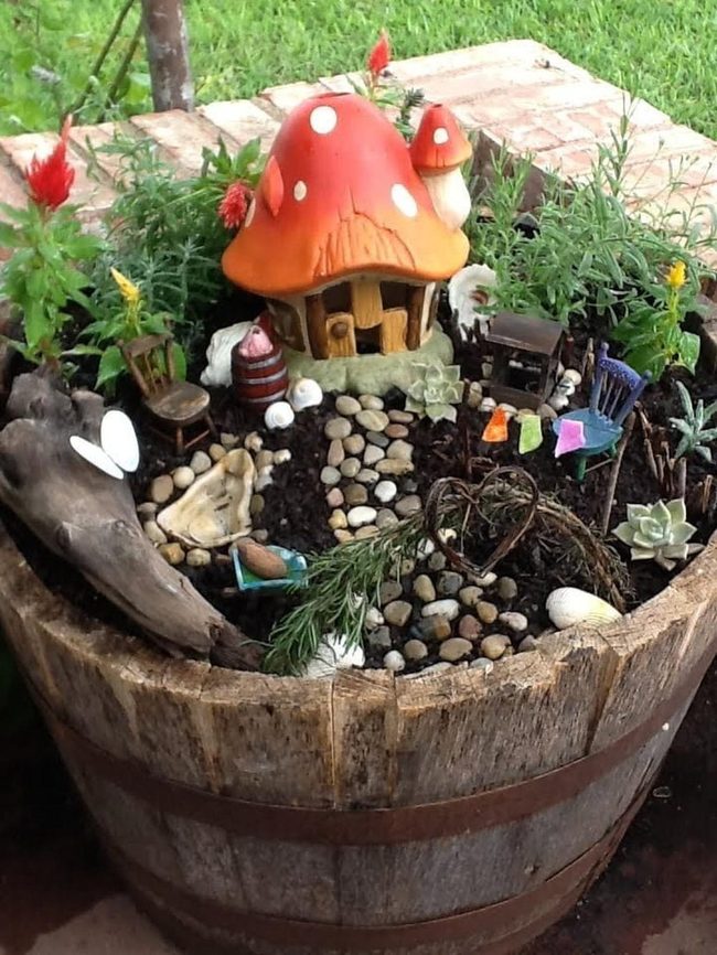 Giant Toadstools In Wooden Barrel