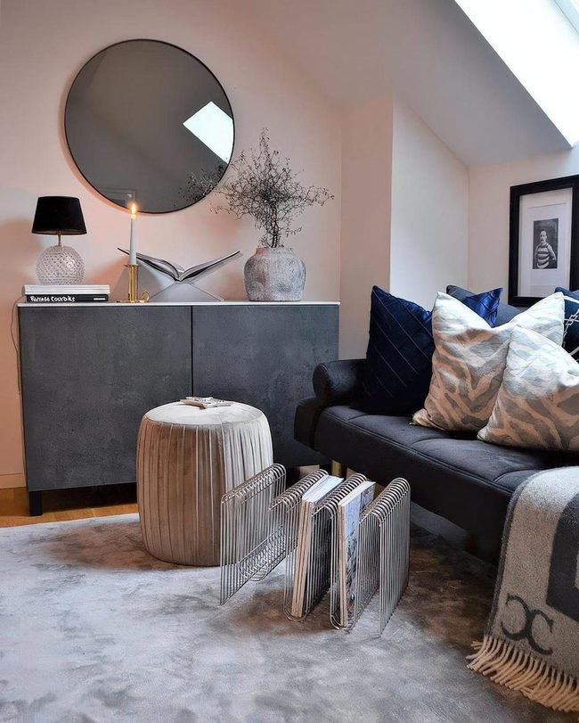 Oversized Mirror Above Gray Cabinet
