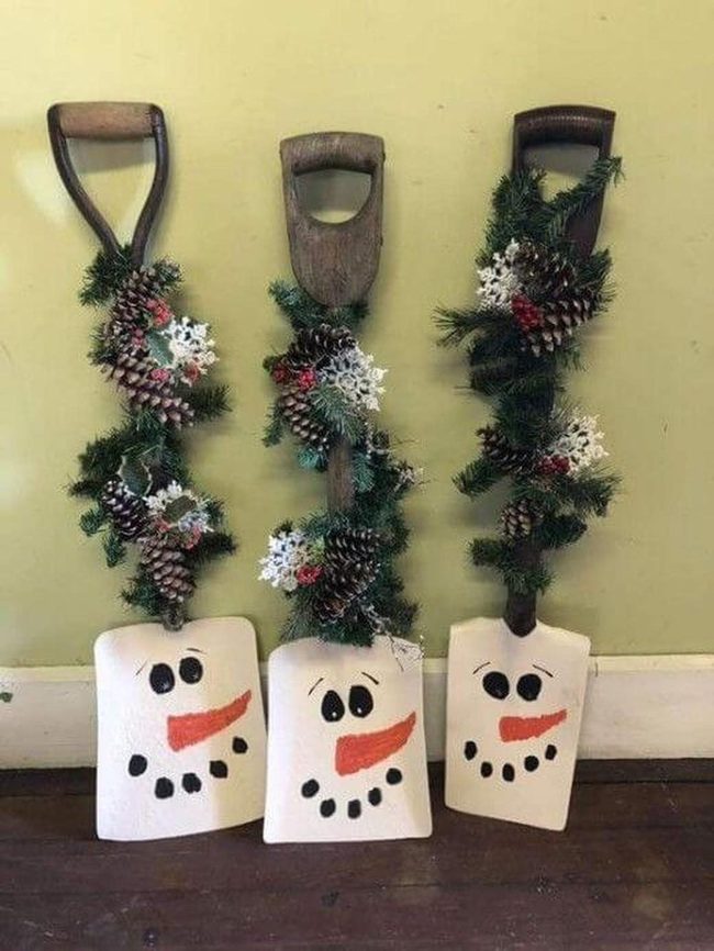 Snowman Shovels With Pine