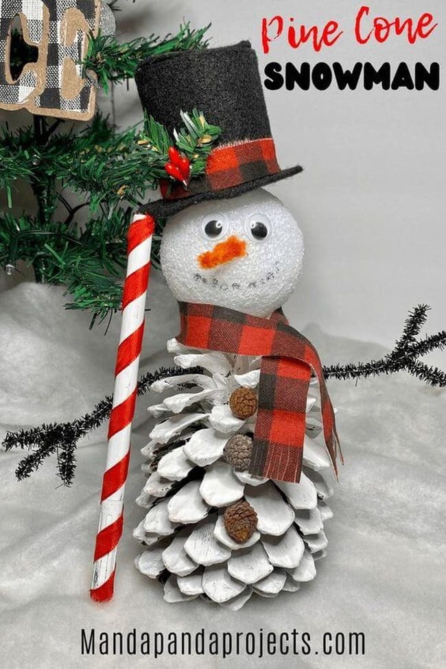 Stacked Pinecone Snowmen Red Details