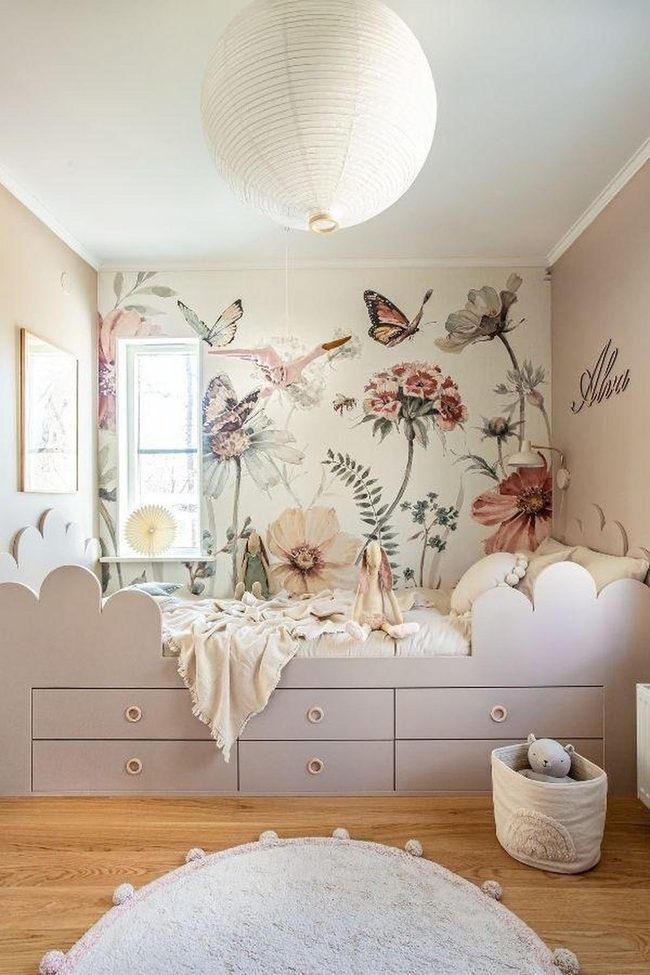 Pastel Pink Bed With Floral Mural