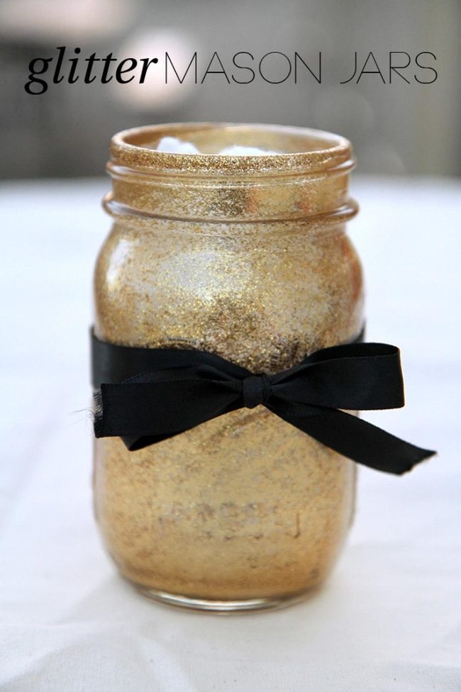Golden Glitter Jars, Black Ribbons
