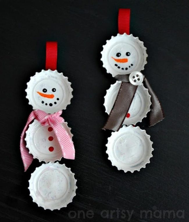 Bottle Cap Snowmen In Red