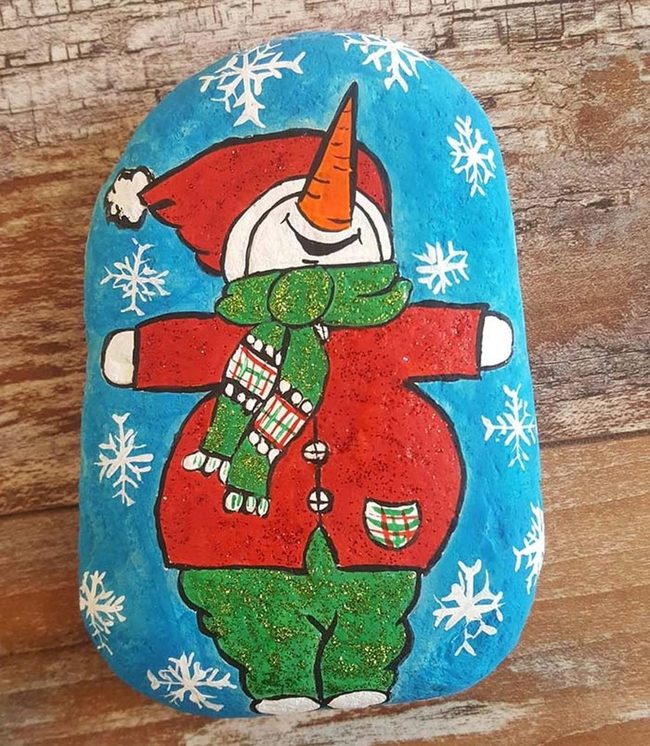 Painted Stone Snowman Blue