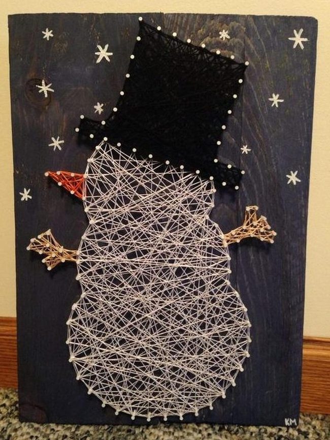 White Thread Snowman On Wood