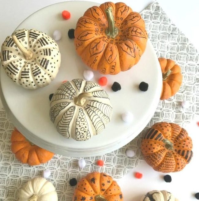 Orange Pumpkins, Black Patterns, White Stand