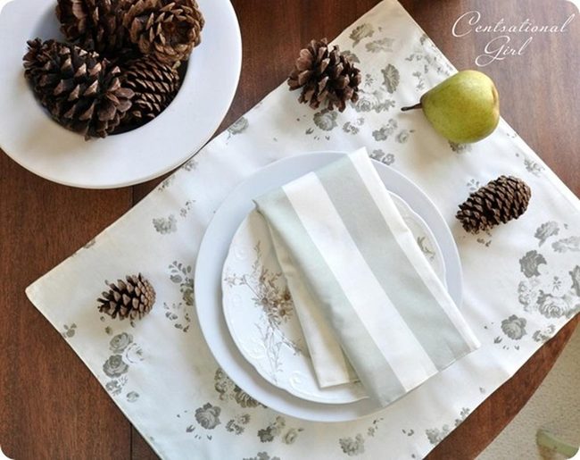 White Plates, Floral Placemats, Green Pears