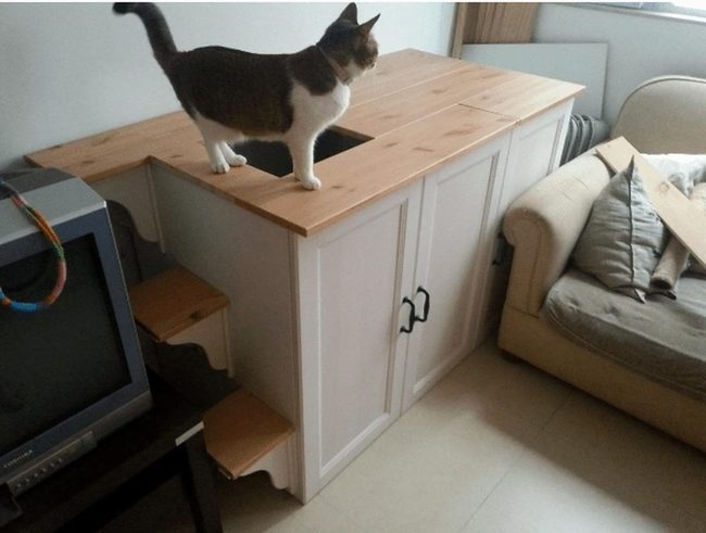 White Wood Cabinet With Cat Stairs