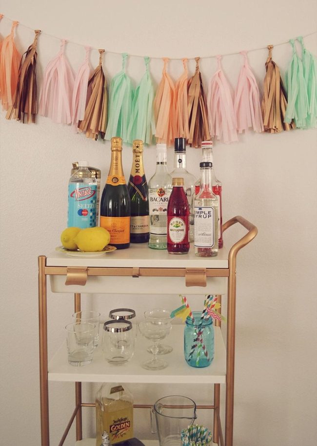 Gold Frame Bar Cart With Pastel Tassels