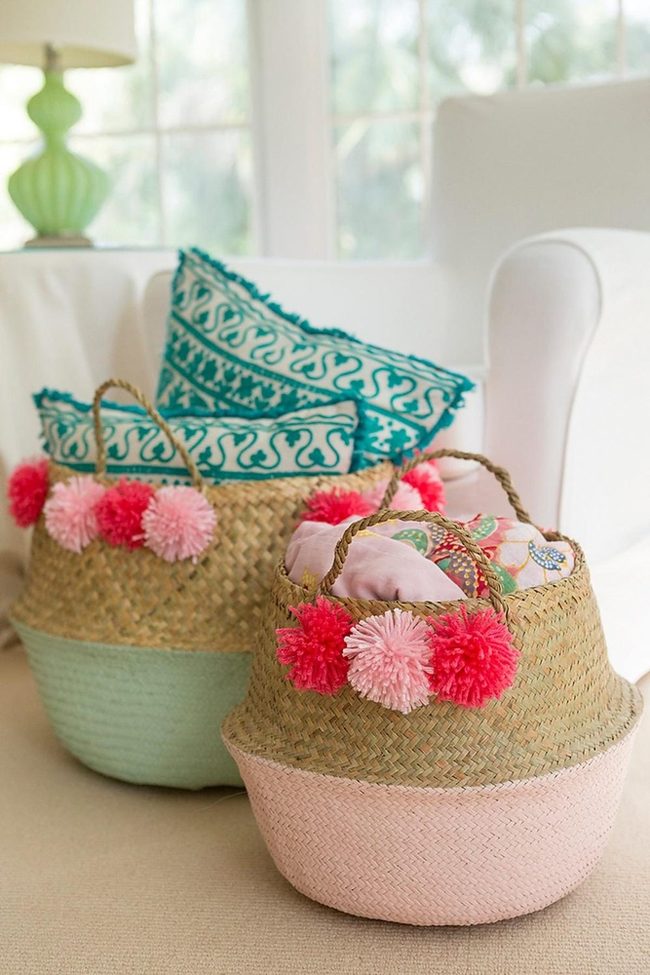 Pink Pom-Pom Woven Baskets