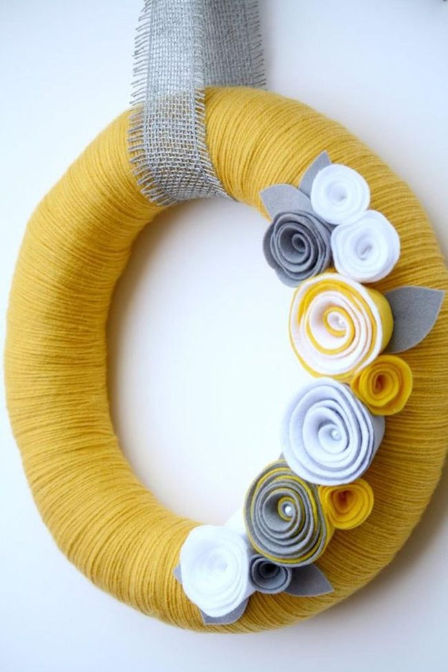 Yellow Yarn Wreath With Felt Flowers