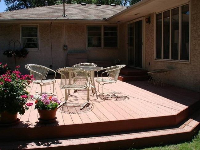 White Chairs, Pink Flowers, Wood Deck