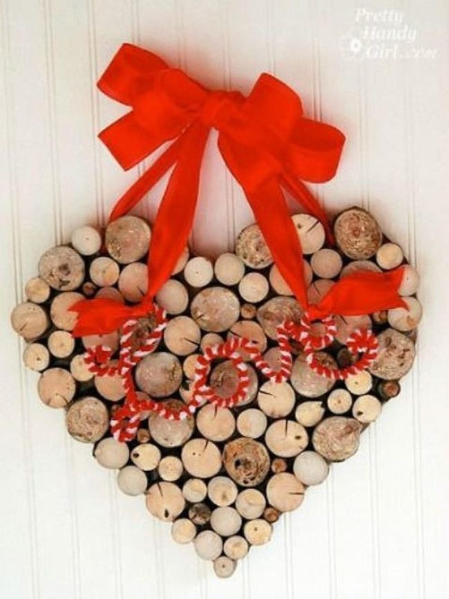 Stacked Wood Heart Red Ribbons