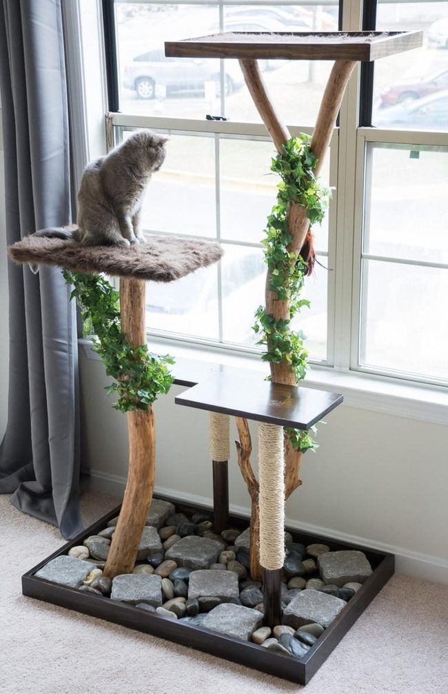 Natural Wood Cat Tree With Stone Base