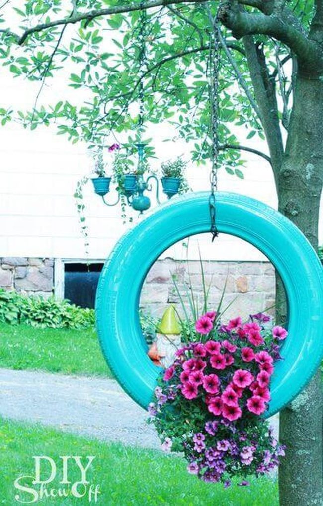 Turquoise Tire Pink Petunias