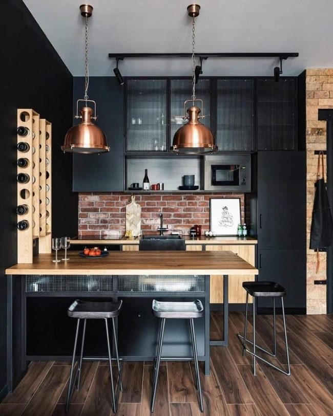 Copper Lights Black Cabinets Brick