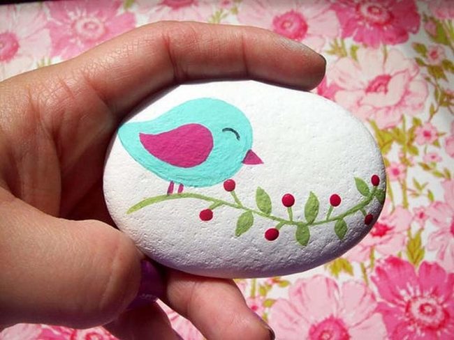 Painted Stones, Perched Birds, Garden Art