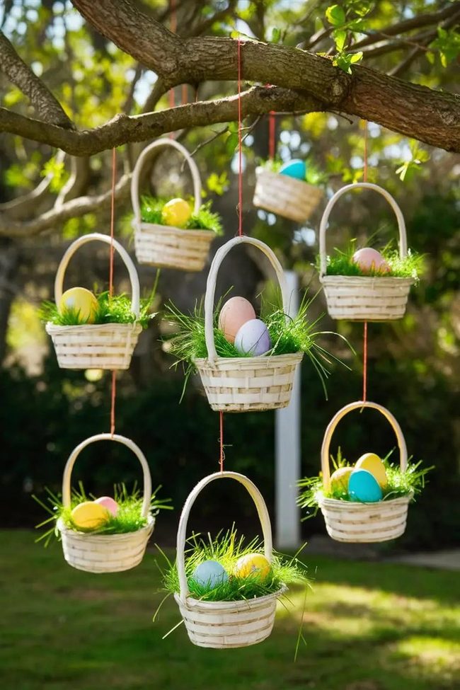 Floating Pastel Eggs Among Branches