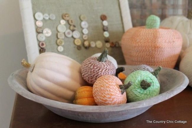 Yarn Pumpkins In Wooden Bowl