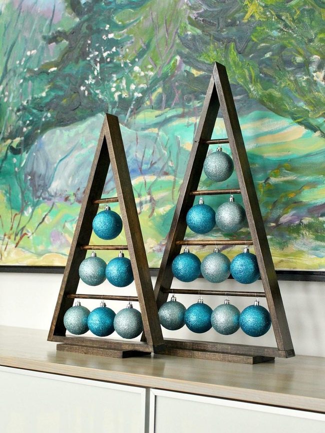 Blue Ornaments On Natural Wood