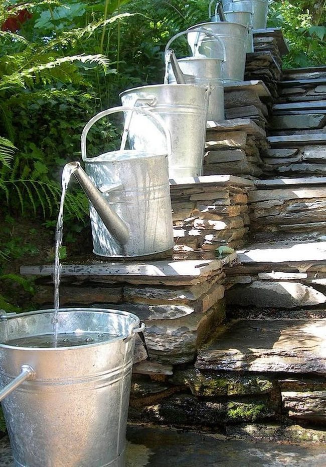 Cascading Metal Buckets Water Feature