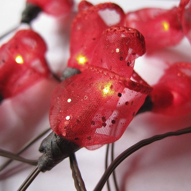 Red Fabric Flowers With Warm Lights